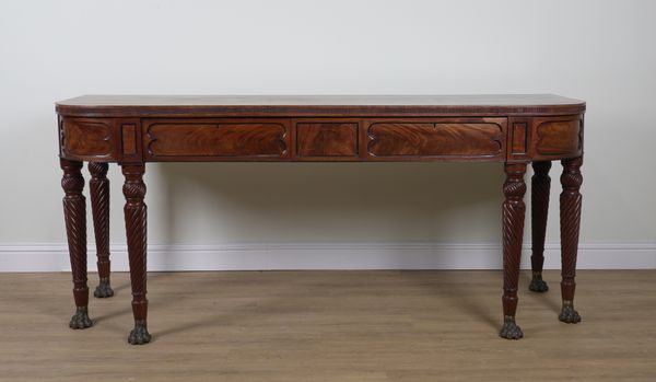 A REGENCY INLAID MAHOGANY BOWFRONT THREE DRAWER SERVING TABLE