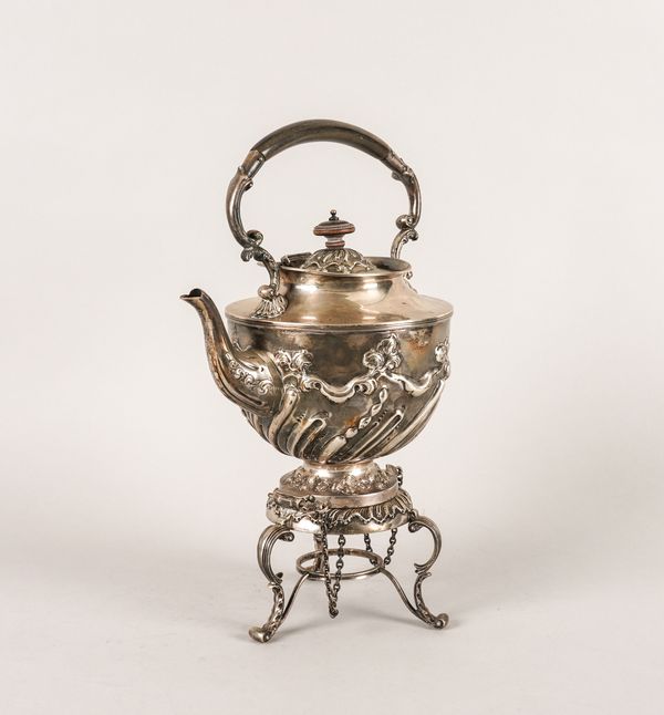 A LATE VICTORIAN SILVER SPIRIT KETTLE AND STAND