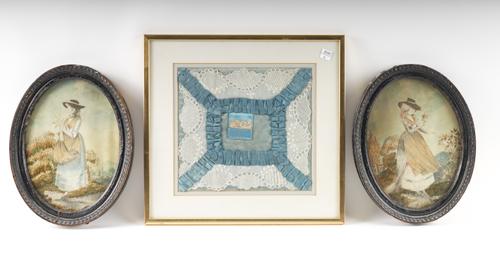 A PAIR OF REGENCY SILKWORK PICTURES OF WOMEN IN BONNETS AND A LACEWORK SAMPLER (3)