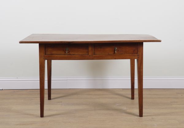 A LATE 18TH CENTURY FRENCH FRUITWOOD PLANK TOP TWO DRAWER SIDE TABLE