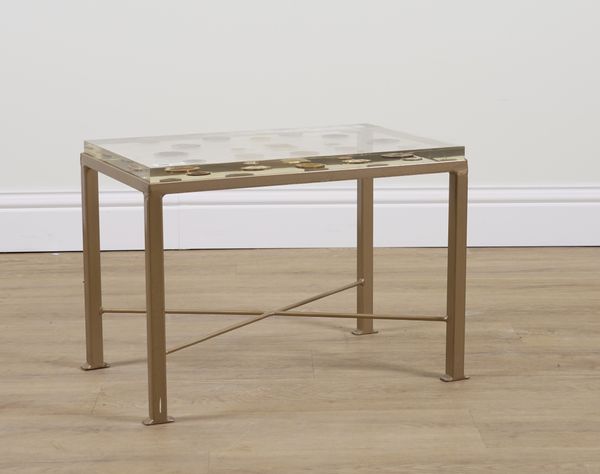 A MODERN RECTANGULAR OCCASIONAL TABLE WITH MEDAL INSET CLEAR PERSPEX TOP