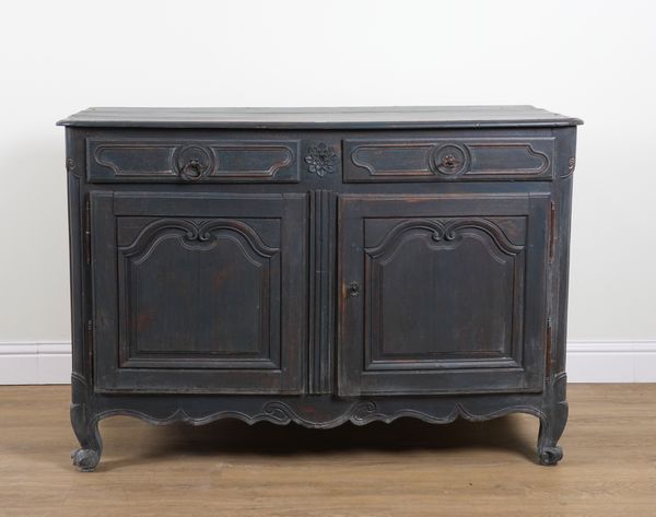 AN 18TH CENTURY LATER INK BLUE POLYCHROME PAINTED FRENCH BUFFET