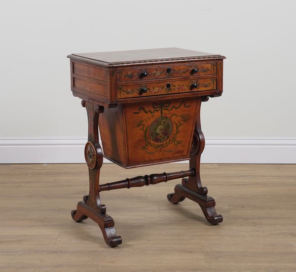 A GEORGE III POLYCHROME PAINTED SATINWOOD WORK TABLE