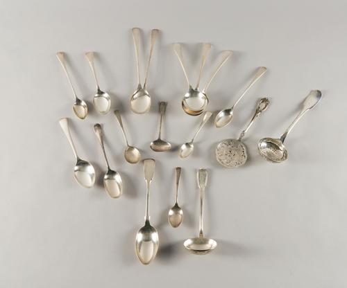 A PAIR OF SILVER SPOONS AND A QUANTITY OF FOREIGN AND PLATED TABLE FLATWARE