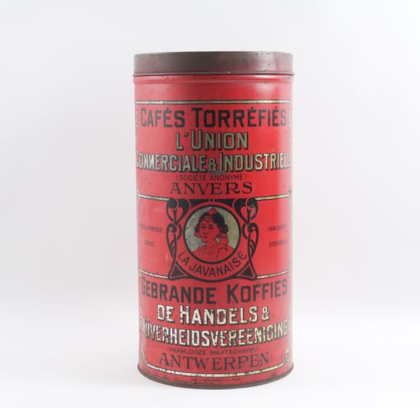 A LARGE BELGIAN RED TOLE  ‘CAFES TORREFIES’ COFFEE CAN