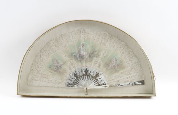 A FRENCH PAINTED SILK AND MOTHER-OF-PEARL FAN