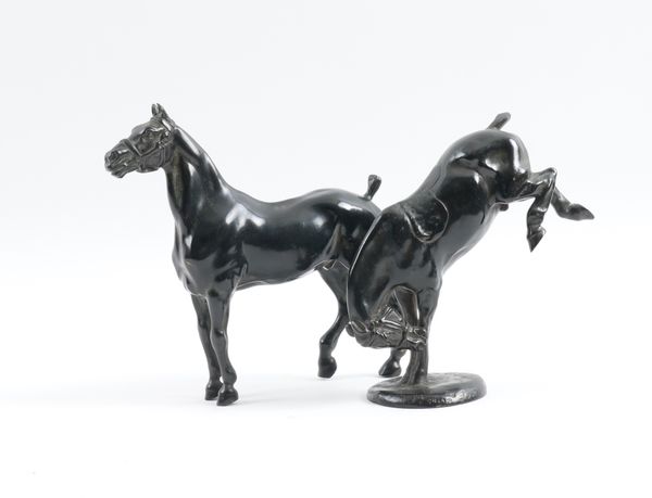 AFTER GASTON D’ILLIERS (FRENCH, 1876-1932): TWO EQUESTRIAN BRONZE MODELS OF A BUCKING HORSE AND A STANDING HORSE (2)