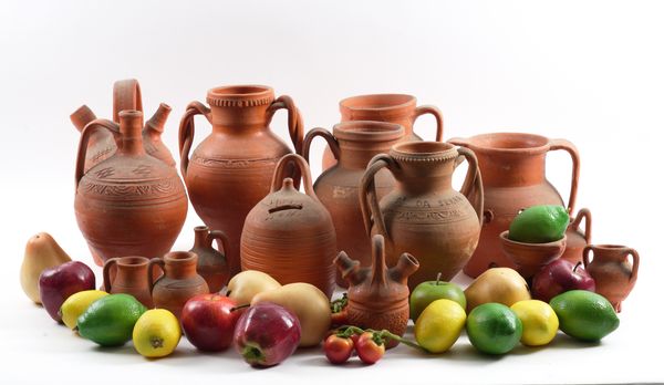 A GROUP OF FIFTEEN SPANISH TERRACOTTA JARS AND A COLLECTION OF WAX FRUIT (QTY)