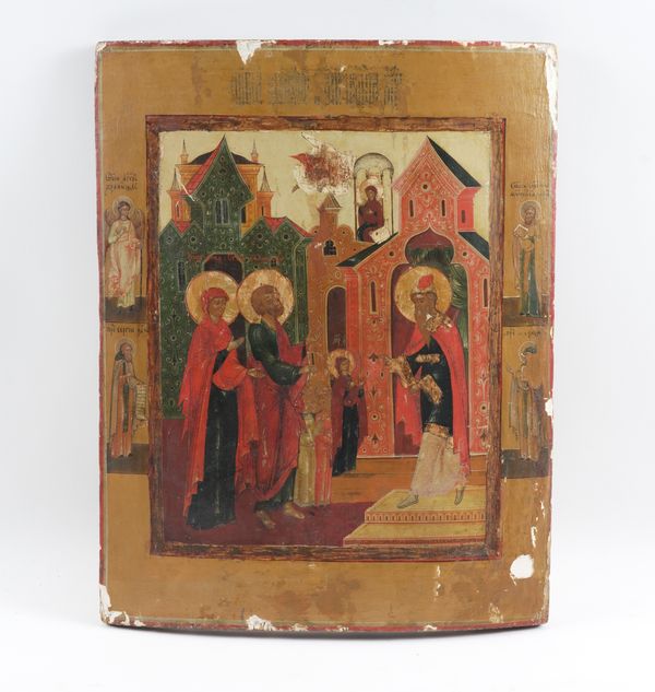 A RUSSIAN ICON DEPICTING PRESENTATION OF THE VIRGIN MARY TO THE TEMPLE WITH ARCHANGELS AND SAINTS