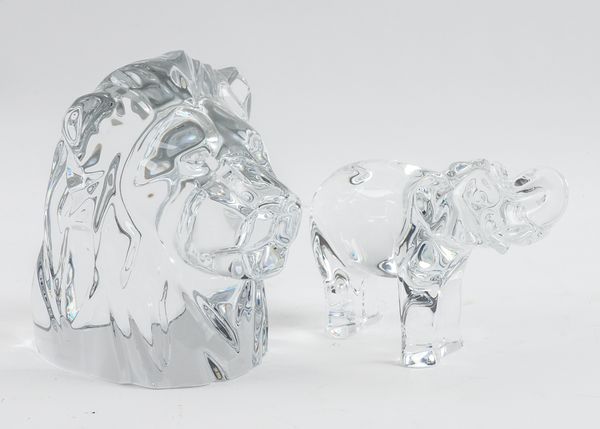 BACCARAT: A GLASS LION’S HEAD PAPERWEIGHT AND AN ELEPHANT (2)