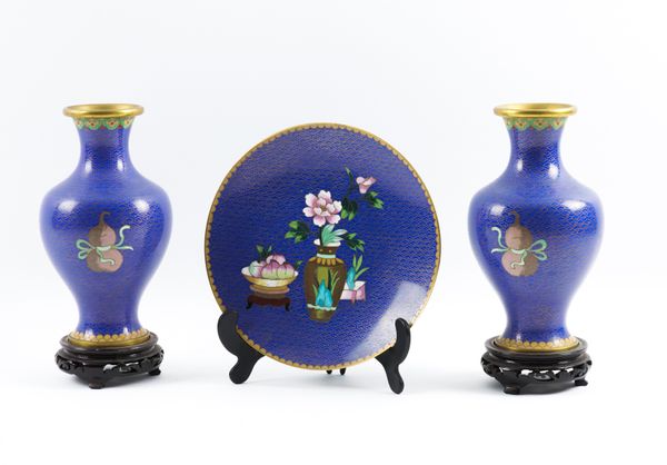 A PAIR OF CHINESE BLUE CLOISONNÉ ENAMEL BALUSTER VASES AND A DISH EN-SUITE (3)