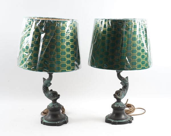 A PAIR OF PATINATED DOLPHIN TABLE LAMPS (2)