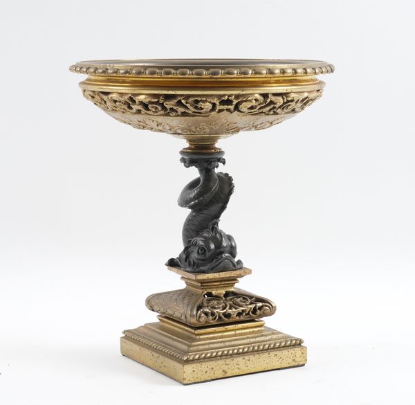 A BRONZE AND GILT METAL TAZZA