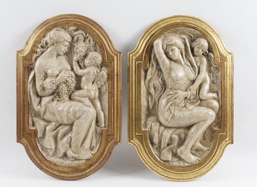 A PAIR OF ALLEGORICAL MARBLE RELIEF PANELS DEPICTING SUMMER AND AUTUMN (2)