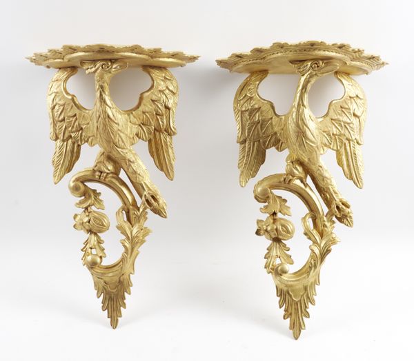 A PAIR OF GILT WOOD HOHO BIRD WALL BRACKETS (2)