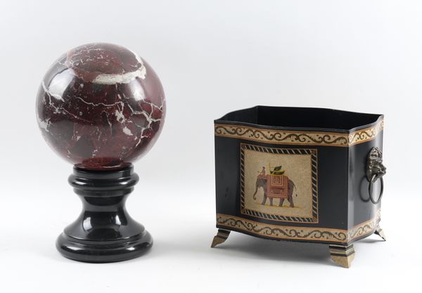 A ROSSO LEVANTO MARBLE BALL ON STAND AND A TOLE BOX (2)