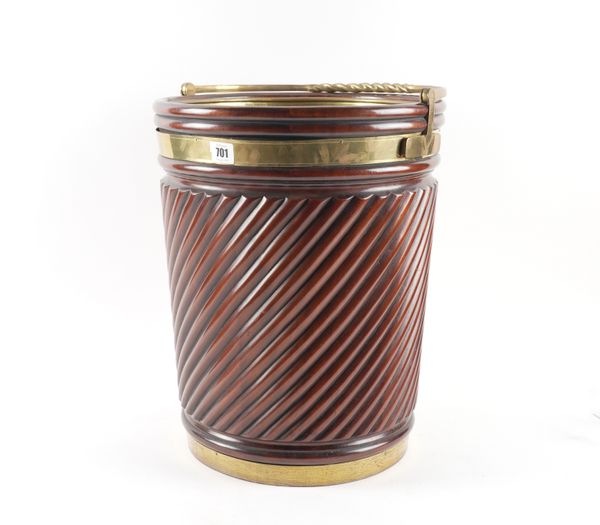 A GEORGE III STYLE BRASS BOUND MAHOGANY PEAT BUCKET