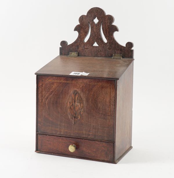 A GEORGE III INLAID MAHOGANY WALL MOUNTED SLOPE FRONT SALT BOX