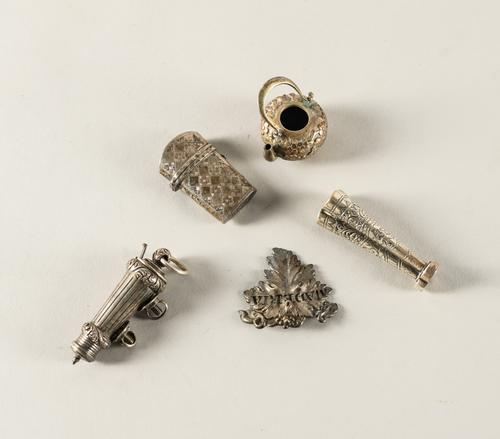 A VICTORIAN SILVER CEREMONIAL WHISTLE AND FOUR FURTHER ITEMS (5)