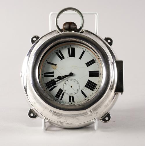 A BASE METAL CASED, KEYLESS WIND, OPENFACED GOLIATH WATCH, WITH A SILVER FRAME