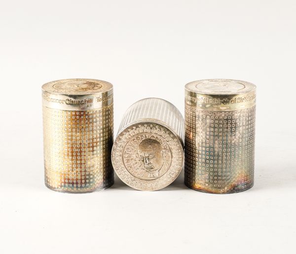 THREE MATCHING SILVER CYLINDRICAL CONTAINERS (3)