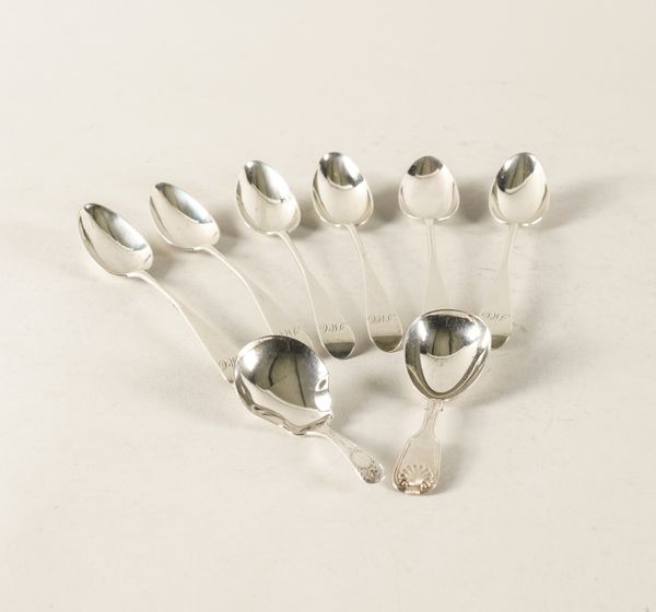 A GEORGE III SET OF SIX SCOTTISH SILVER TEASPOONS AND TWO SILVER CADDY SPOONS (8)