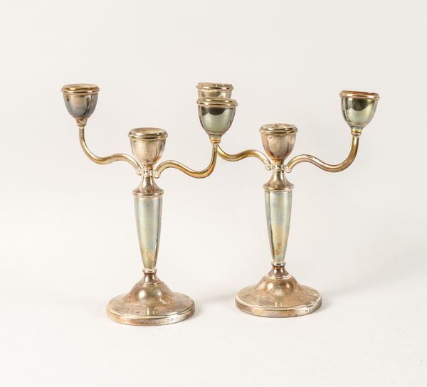 A PAIR OF SILVER THREE LIGHT TABLE CANDELABRA