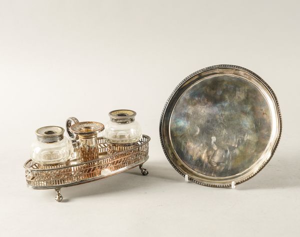 A PLATED INKSTAND AND A SILVER WAITER (2)