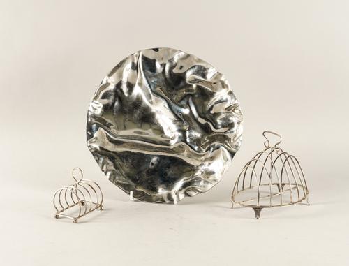 TWO SILVER TOASTRACKS AND AN ALESSI ITALIAN STEEL DISH (3)