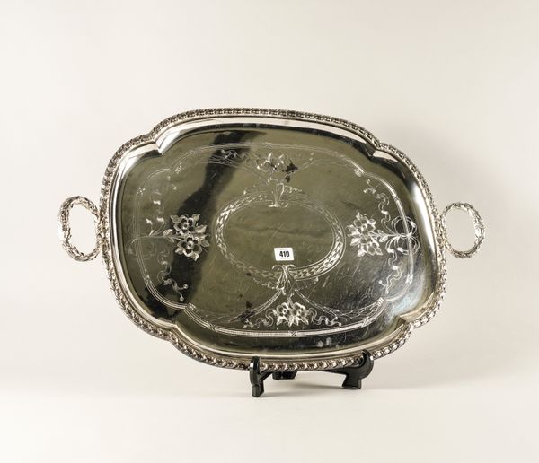 A PLATED SHAPED OVAL TWIN  HANDLED LARGE TRAY