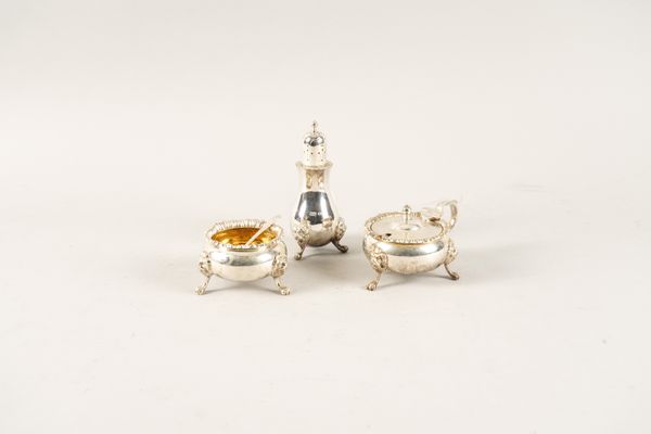 A GROUP OF THREE SILVER CONDIMENTS AND TWO SPOONS (5)