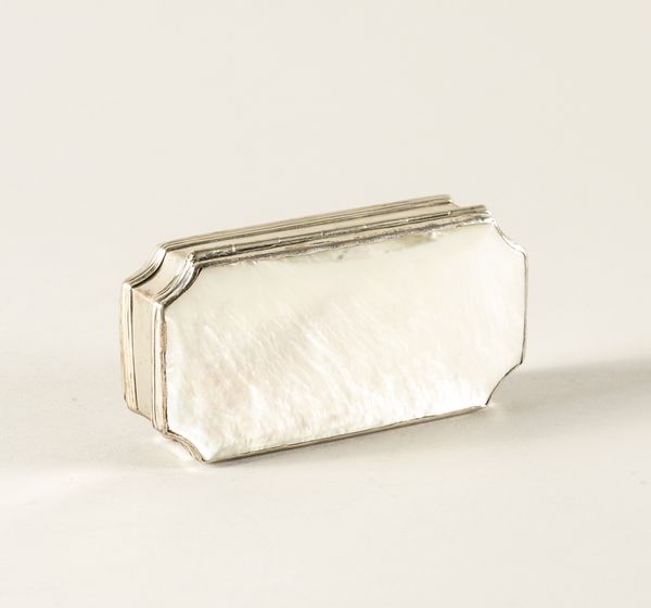 A SILVER MOUNTED MOTHER-OF-PEARL SHAPED RECTANGULAR BOX