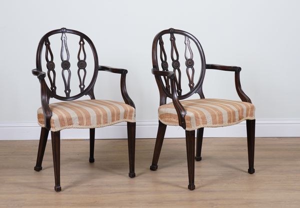 A PAIR OF HEPPLEWHITE REVIVAL MAHOGANY OVAL BACK OPEN ARMCHAIRS (2)