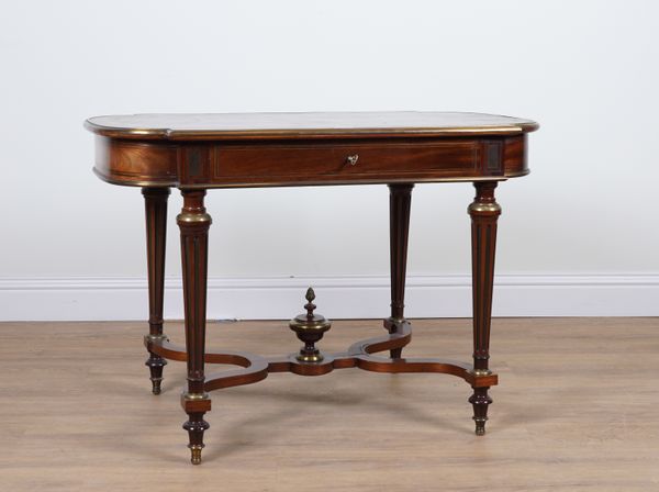 AN 19TH CENTURY FRENCH BRASS INLAID MAHOGANY ROUNDED RECTANGULAR SINGLE DRAWER CENTRE TABLE