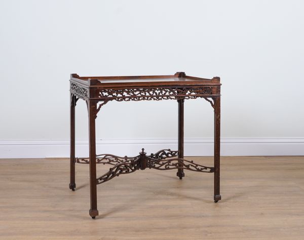 A GEORGE III AND LATER MAHOGANY FRET CARVED SILVER TABLE