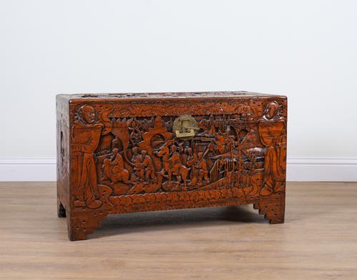 AN EARLY 20TH CENTURY EASTERN EXPORT CARVED CAMPHOR WOOD TRUNK
