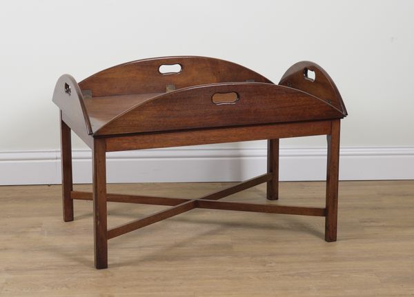 A GEORGE III STYLE MAHOGANY DROP FLAP BUTLERS TRAY ON STAND