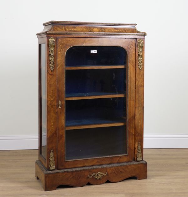 A VICTORIAN GILT METAL MOUNTED INLAID FIGURED WALNUT CADDY TOPPED DISPLAY CABINET