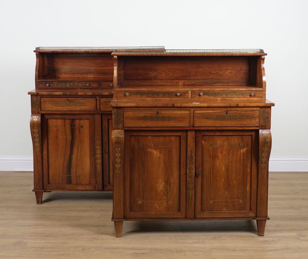 A PAIR OF REGENCY BRASS INLAID ROSEWOOD SHELF BACK CHIFFONIERS (2)