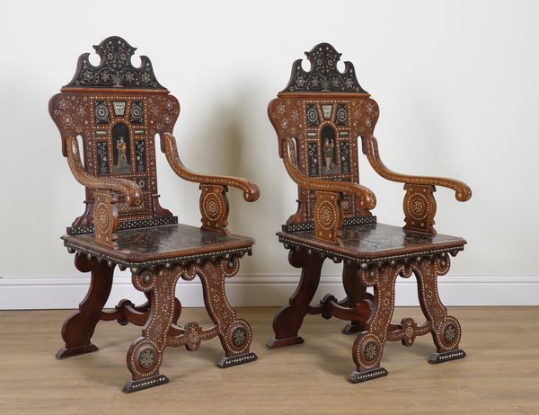 A PAIR OF 19TH CENTURY ITALIAN SORRENTO OPEN ARMCHAIRS (2)