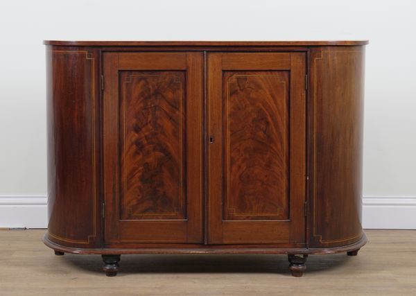 AN 19TH CENTURY INLAID MAHOGANY BOWFRONT TWO DOOR SIDE CABINET