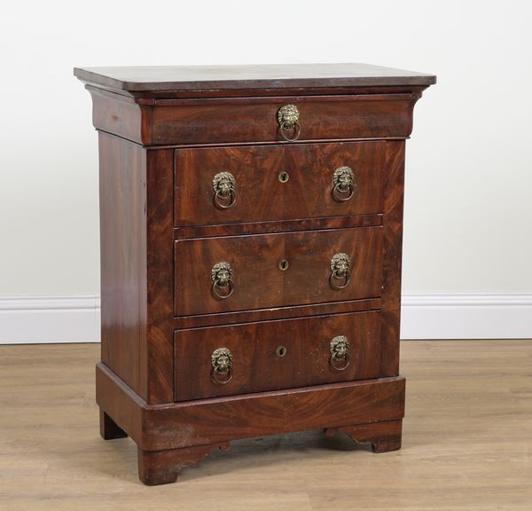 A 19TH CENTURY FRENCH FAUX MARBLE PAINTED SLATE TOPPED WALNUT FOUR DRAWER PETITE COMMODE