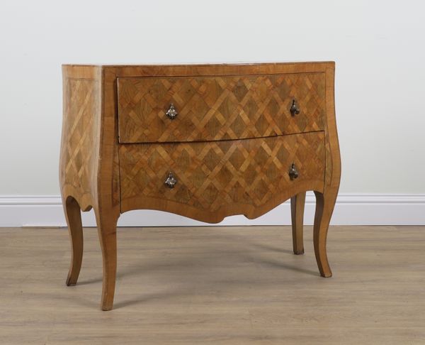 A 19TH CENTURY CONTINENTAL PARQUETRY INLAID FRUITWOOD BOMBE TWO DRAWER COMMODE