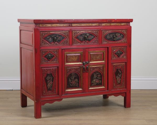 A CHINESE EXPORT RED LACQUERED HARDWOOD SIDE CHEST