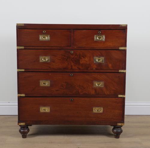 A CAMPAIGN STYLE BRASS BOUND MAHOGANY FIVE DRAWER CHEST