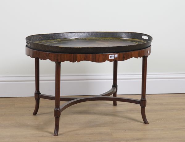 A 19TH CENTURY OVAL TOLEWARE TRAY ON ROSEWOOD STAND (2)