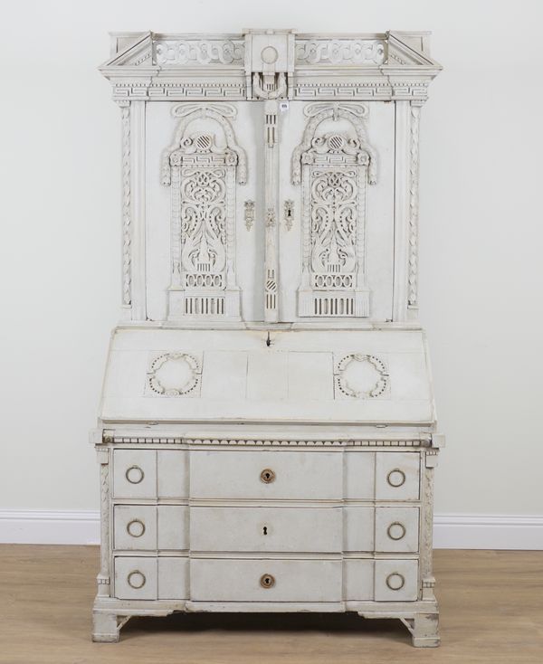 AN 18TH CENTURY LATER POLYCHROME PAINTED SWEDISH CARVED OAK BUREAU BOOKCASE