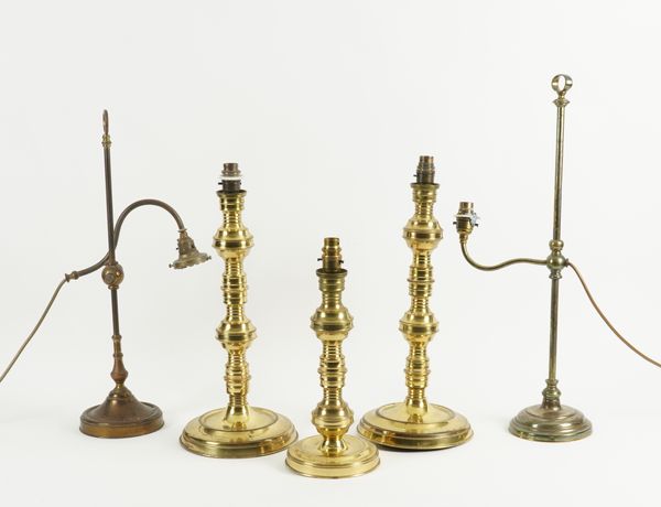 THREE BRASS LAQUERED METAL CANDLESTICK TABLE LAMPS (5)