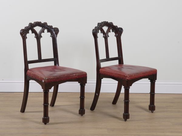 A PAIR OF 19TH CENTURY ROSEWOOD FRAMED GOTHIC REVIVAL SIDE CHAIRS (2)