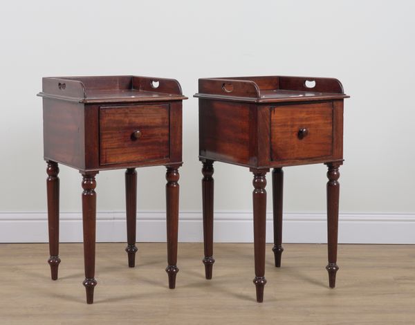 A PAIR OF 19TH CENTURY MAHOGANY GALLERIED SINGLE DOOR NIGHT STANDS (2)